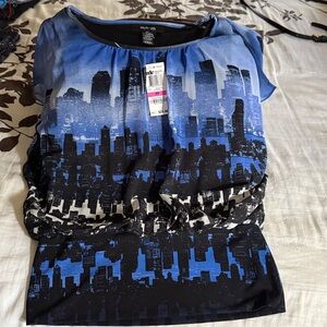 Blue and Black Cityscape Top